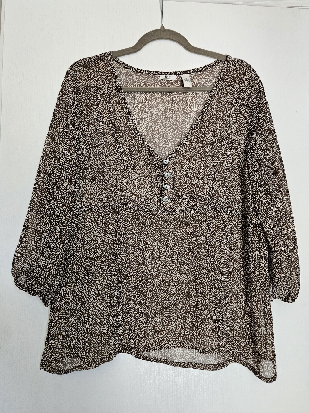 Bass Sheer Brown Floral V-Neck Button Peasant Blouse, 10-12